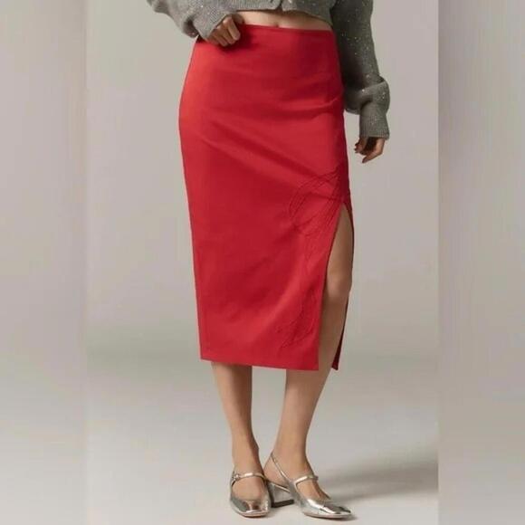 Maeve Bow Side Slit Midi Straight Pencil Skirt High Rise Women's Size L Red - Picture 3 of 3